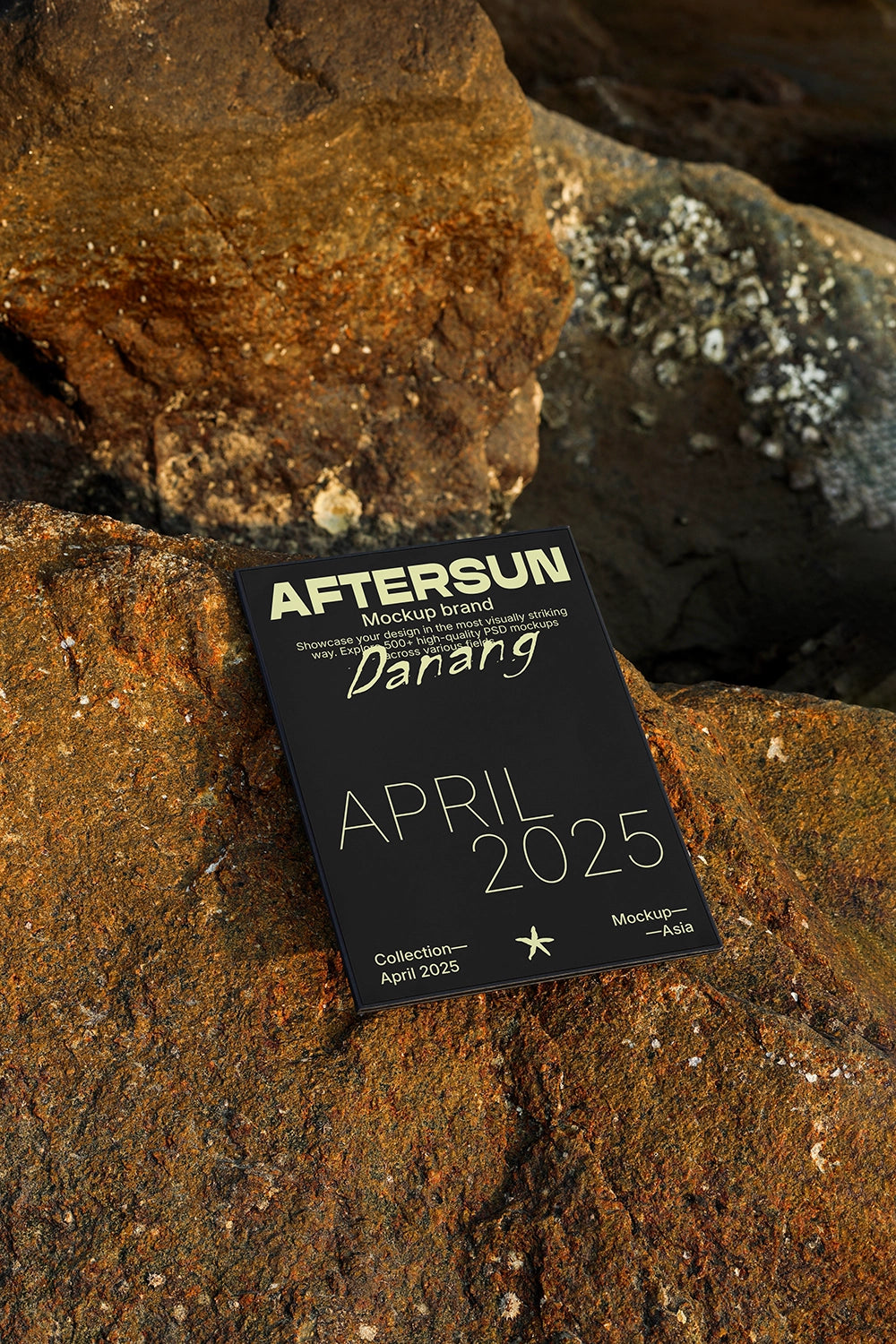 minimal poster mockup on rocky surface with soft shadow and outdoor natural light