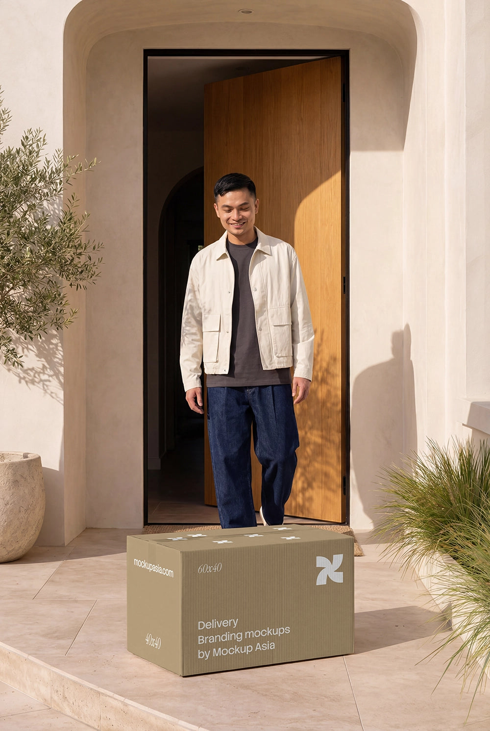 Realistic cardboard delivery box mockup at residential doorstep