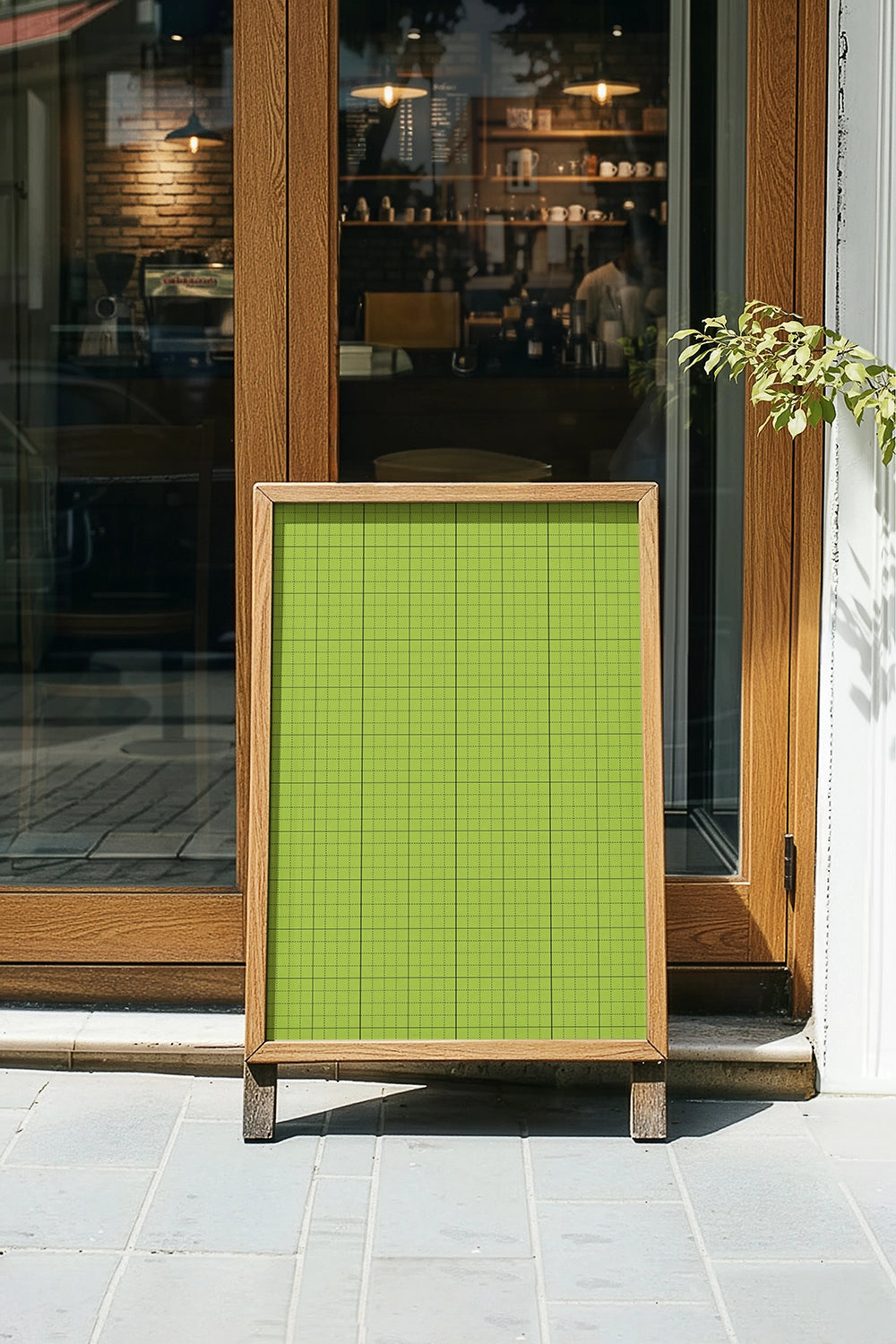 cafe A-frame poster mockup on storefront entrance with cozy interior view