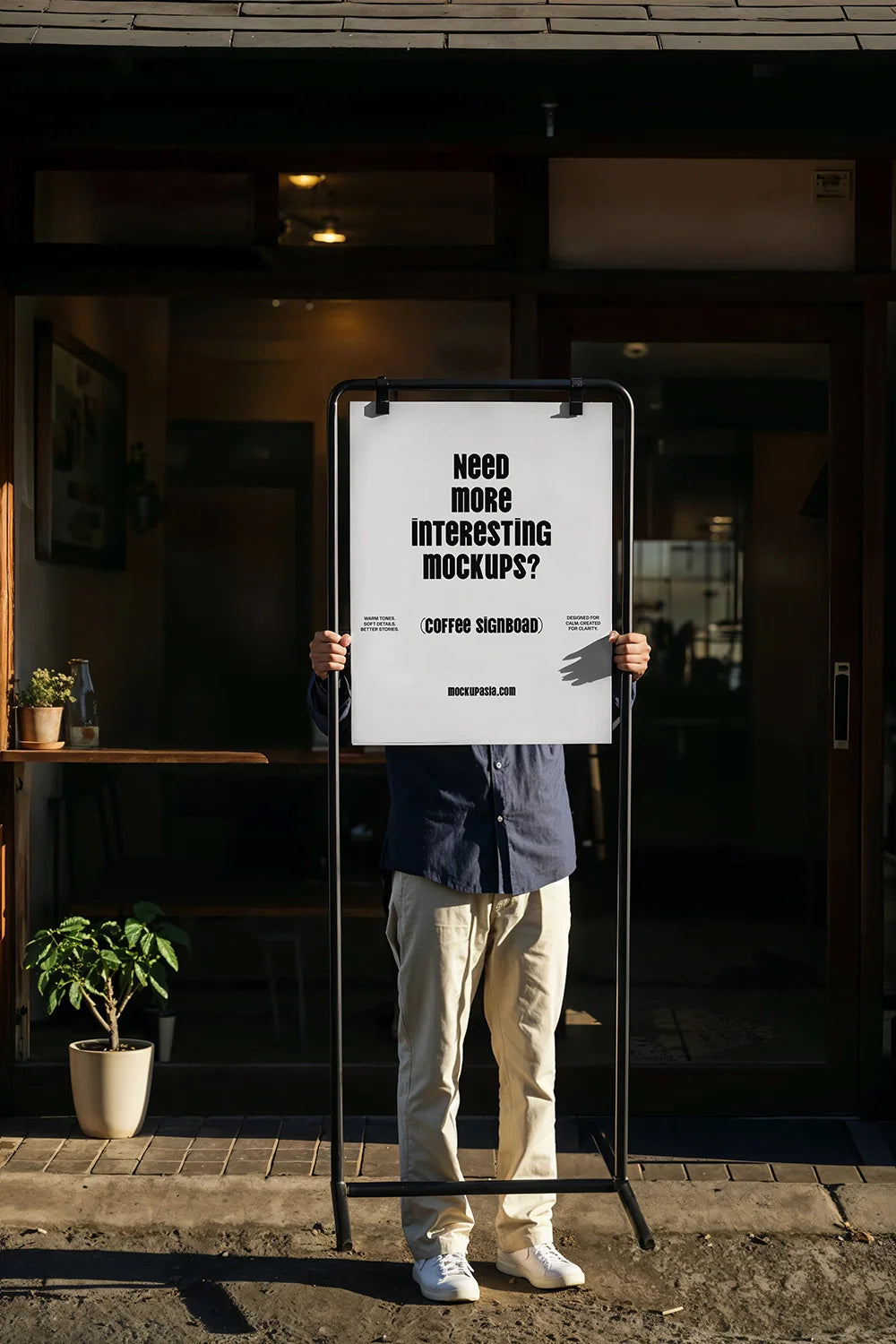 Mockup of a coffee shop sign board showing the Essential Coffee Bundle from Mockup.Asia in a realistic coffee shop setting