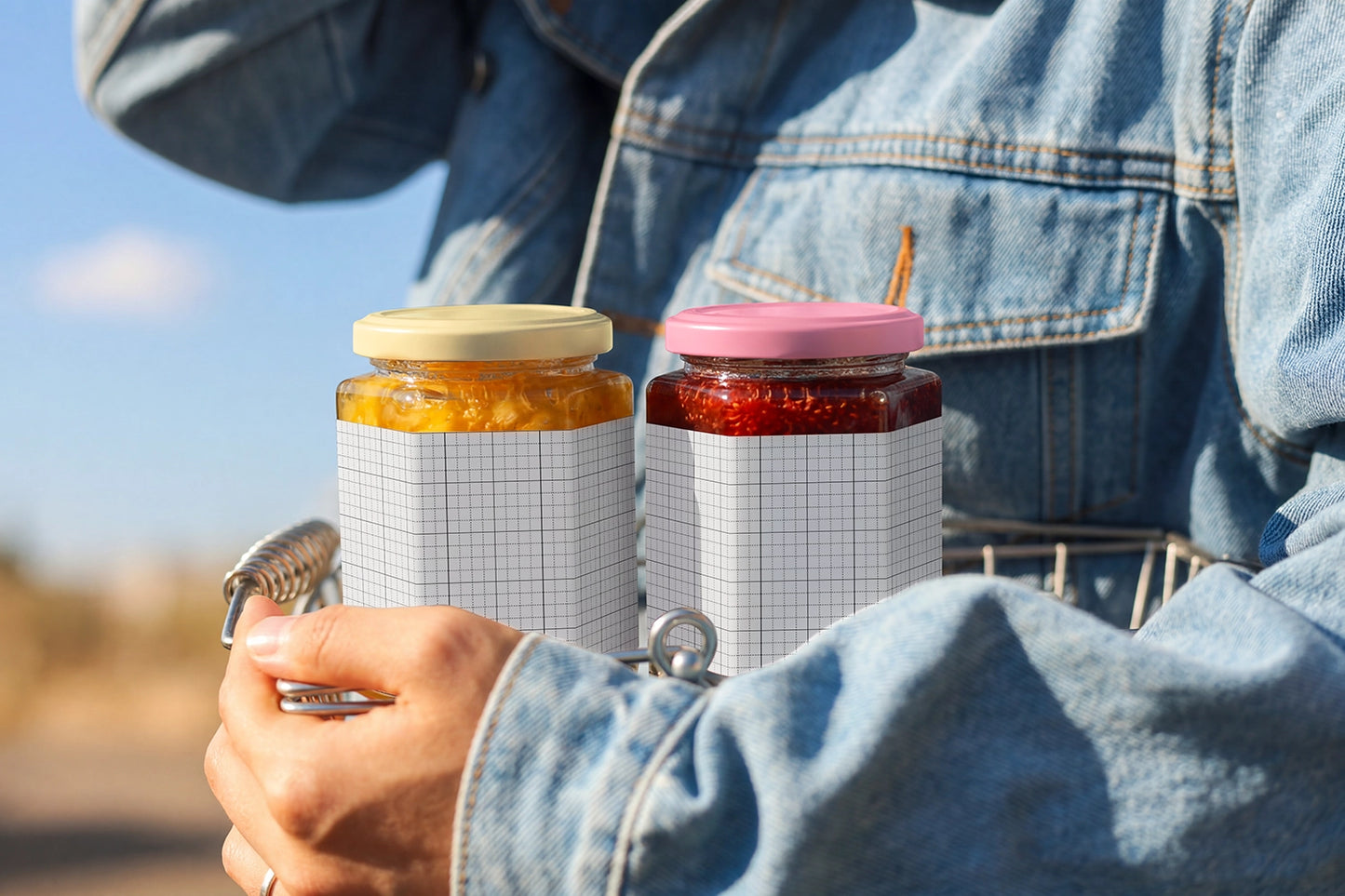 Premium jam and honey jar branding mockup with basket styling
