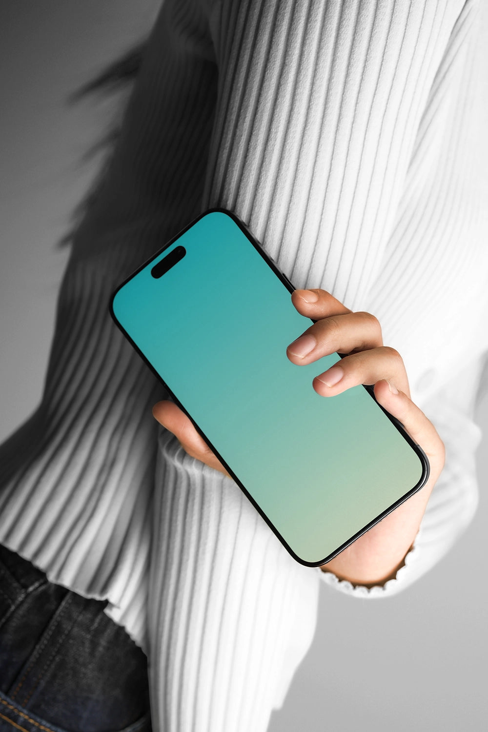 iPhone mockup by Mockup.Asia displaying a sleek modern smartphone with a black screen and silver frame on a white background