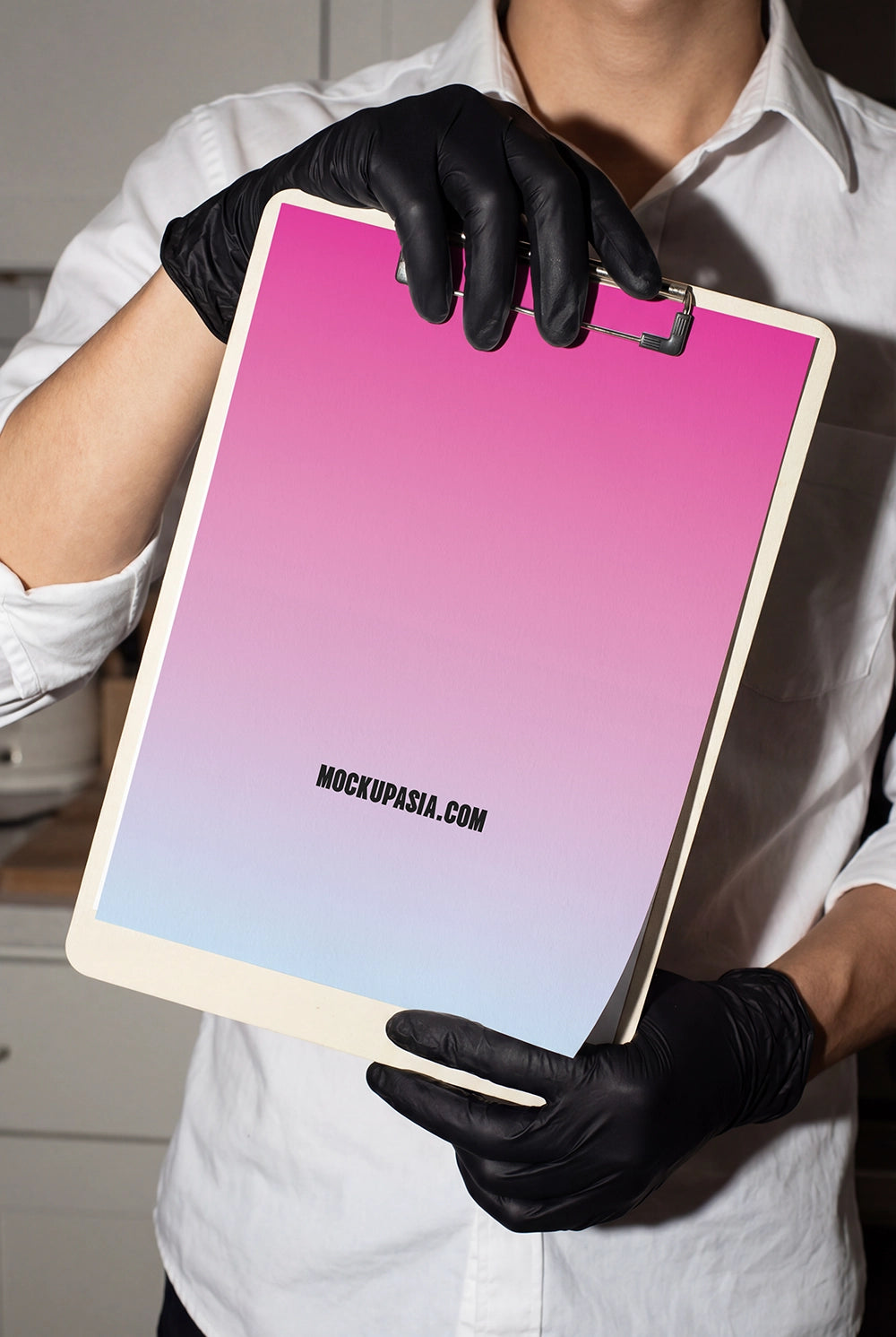 print board mockup with direct flash lighting in hospitality setting