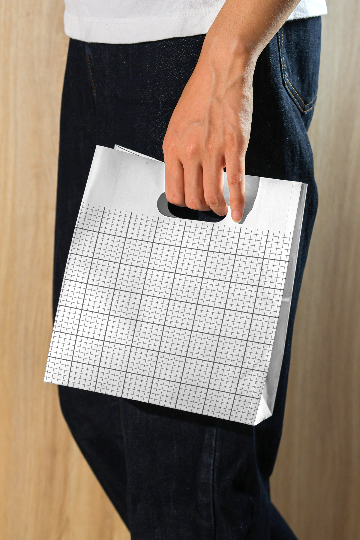 kraft paper bag mockup handheld perspective close up