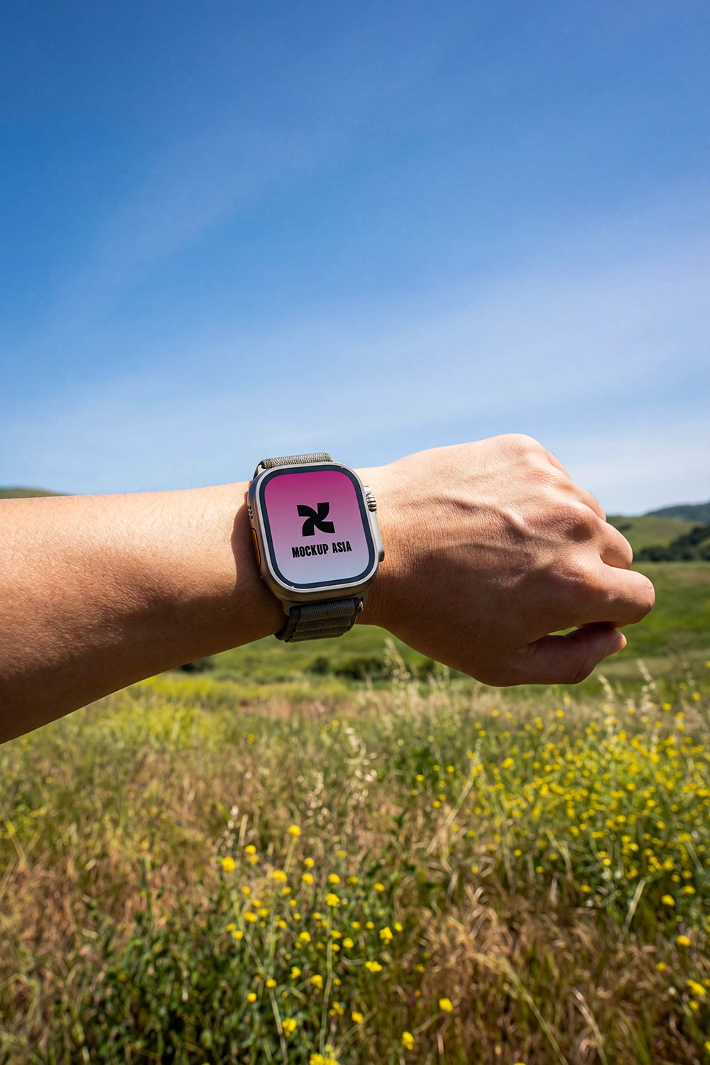 wearable device mockup smartwatch on wrist with outdoor lighting and reflections