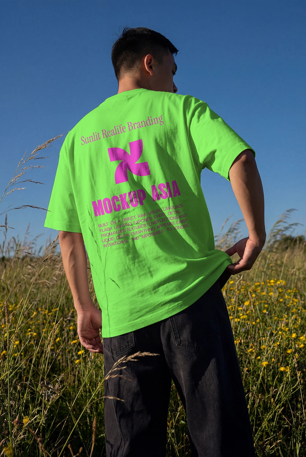 apparel branding mockup t shirt back print worn by model in natural environment