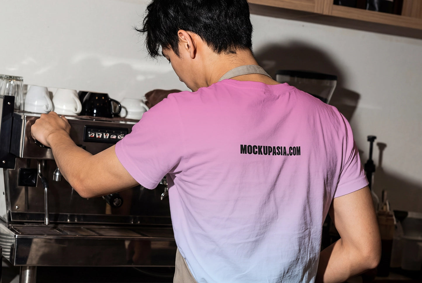branding t shirt mockup with barista working under direct flash lighting