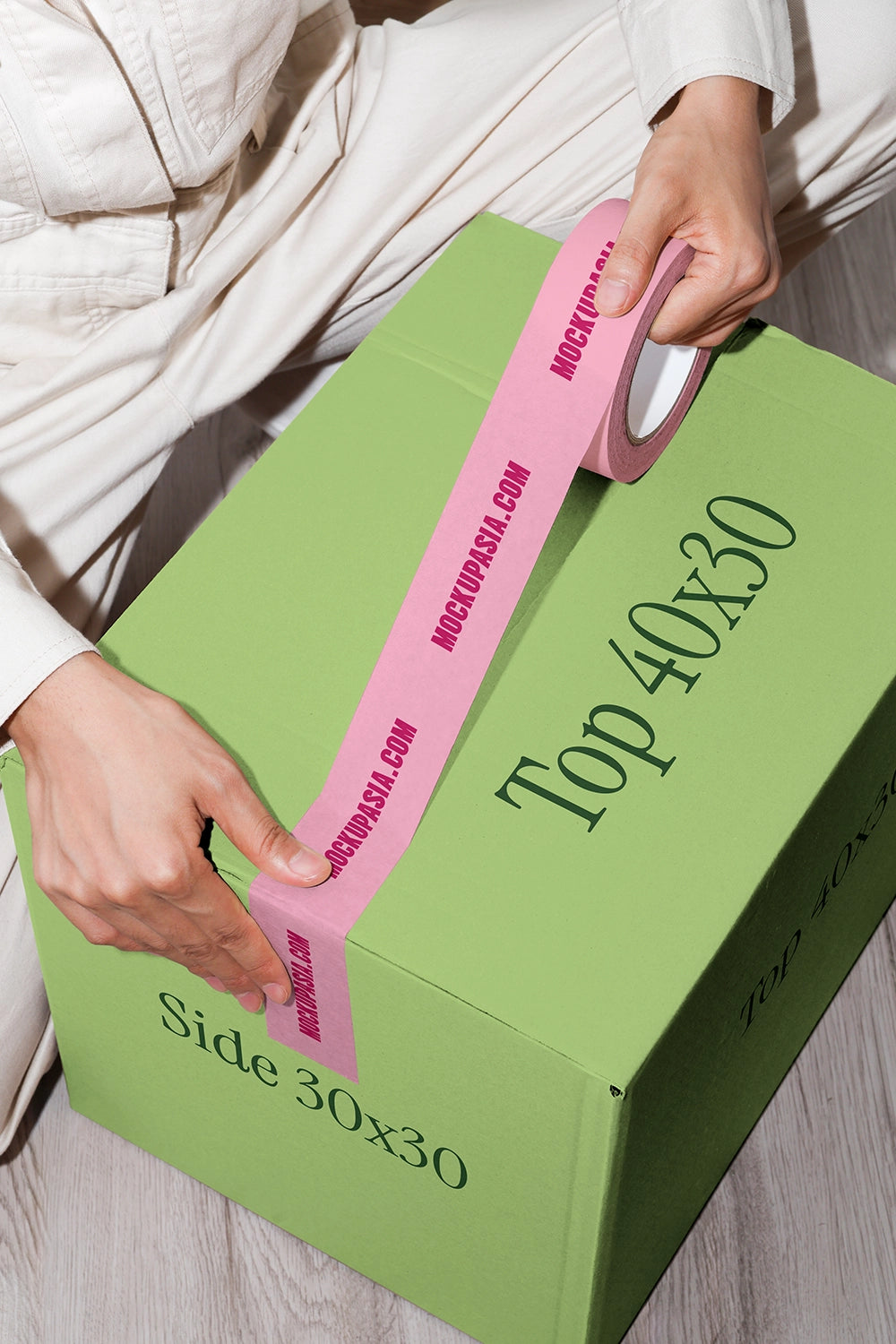 shipping box mockup with logo tape and minimal lifestyle presentation