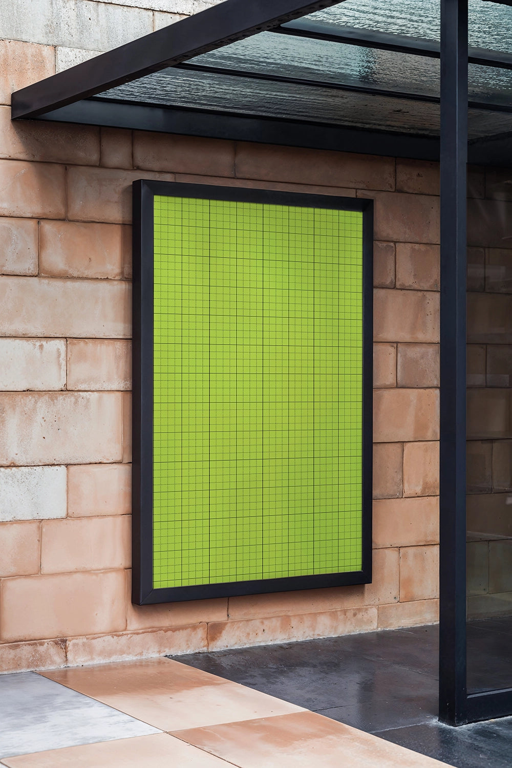 vertical poster mockup under glass shelter with soft shadows and clean typography layout