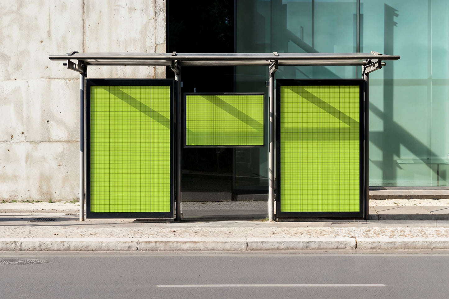 outdoor transit poster mockup with multiple frames under metal canopy and natural sunlight