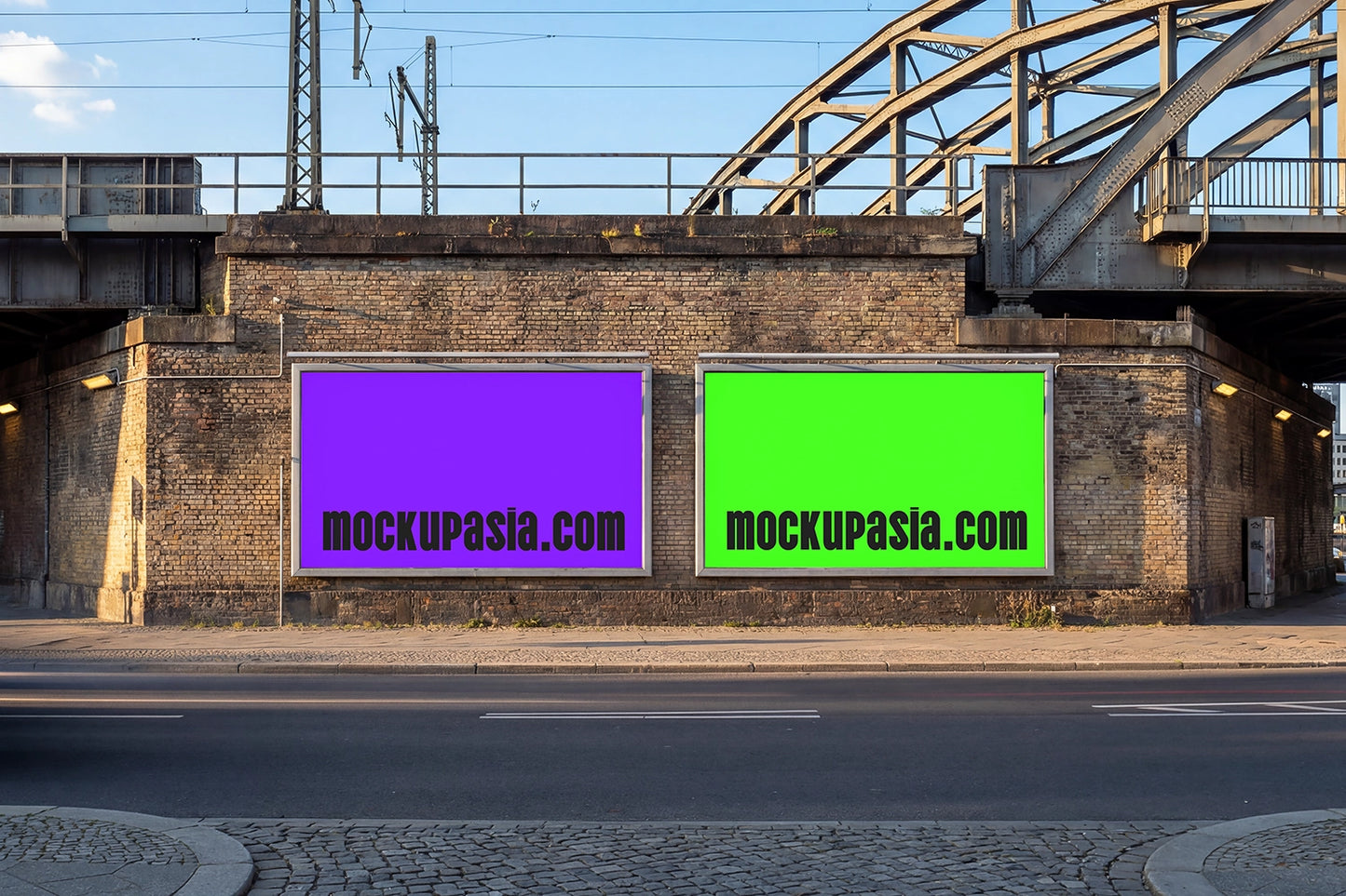 urban billboard mockup with dual displays on brick wall and industrial architecture background