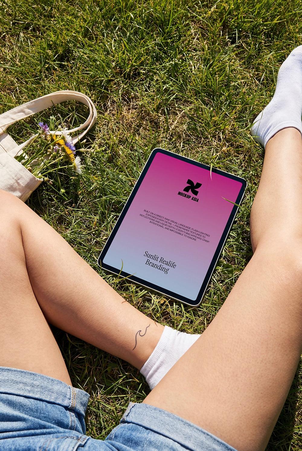 minimal ipad mockup outdoor with green grass background and clean branding display