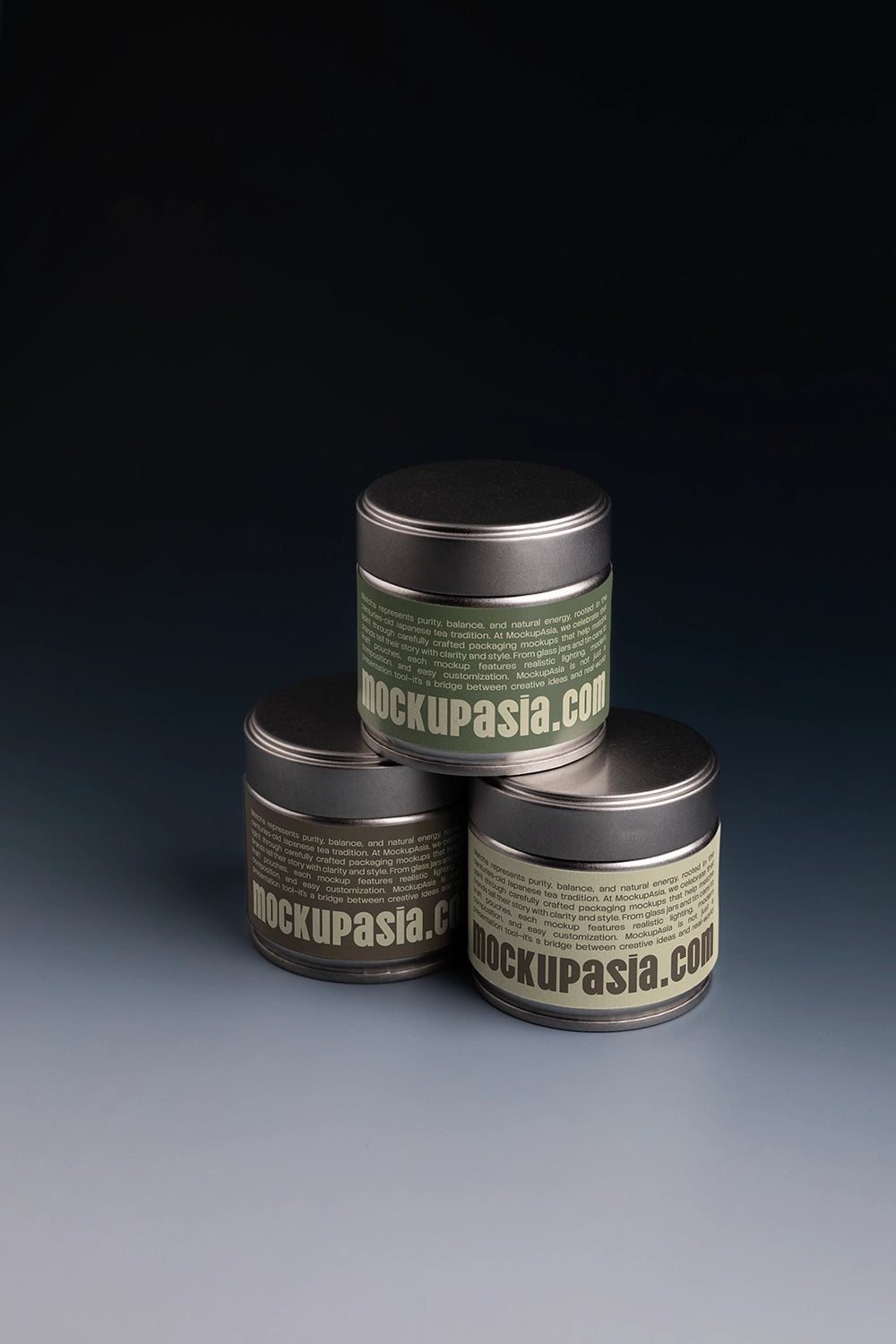 matcha tin packaging mockup stacked in studio scene with dark gradient background