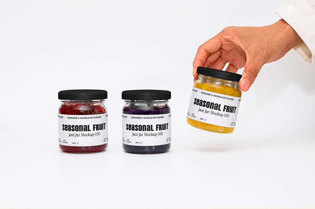 Jam jar mockup showing label placement against visible product contents