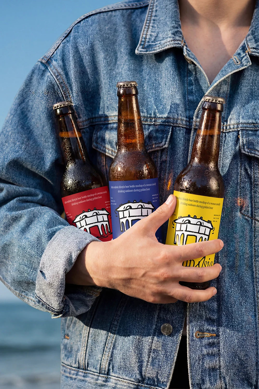 Realistic beer bottle branding mockup collection with outdoor lifestyle scenes
