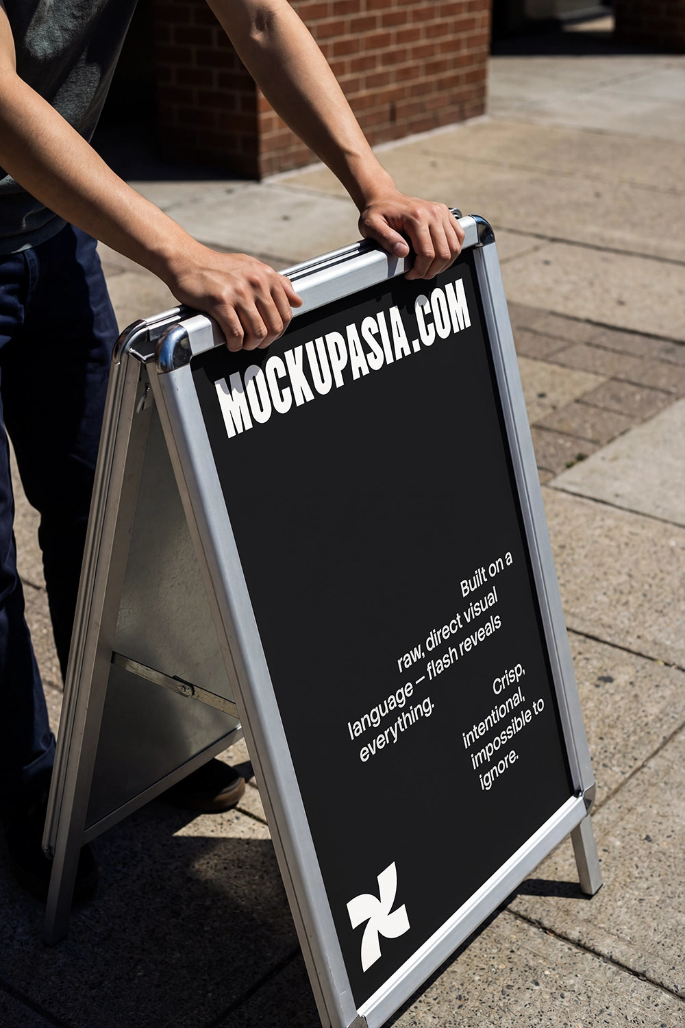 sidewalk advertising mockup with portable sign board and realistic street scene