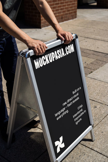 sidewalk advertising mockup with portable sign board and realistic street scene