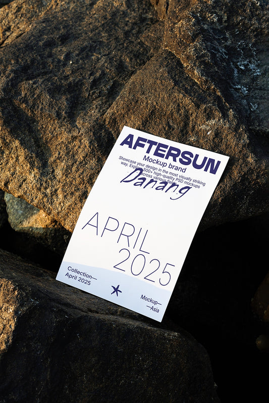 poster mockup on rock surface with dramatic sunlight and realistic shadow outdoor scene