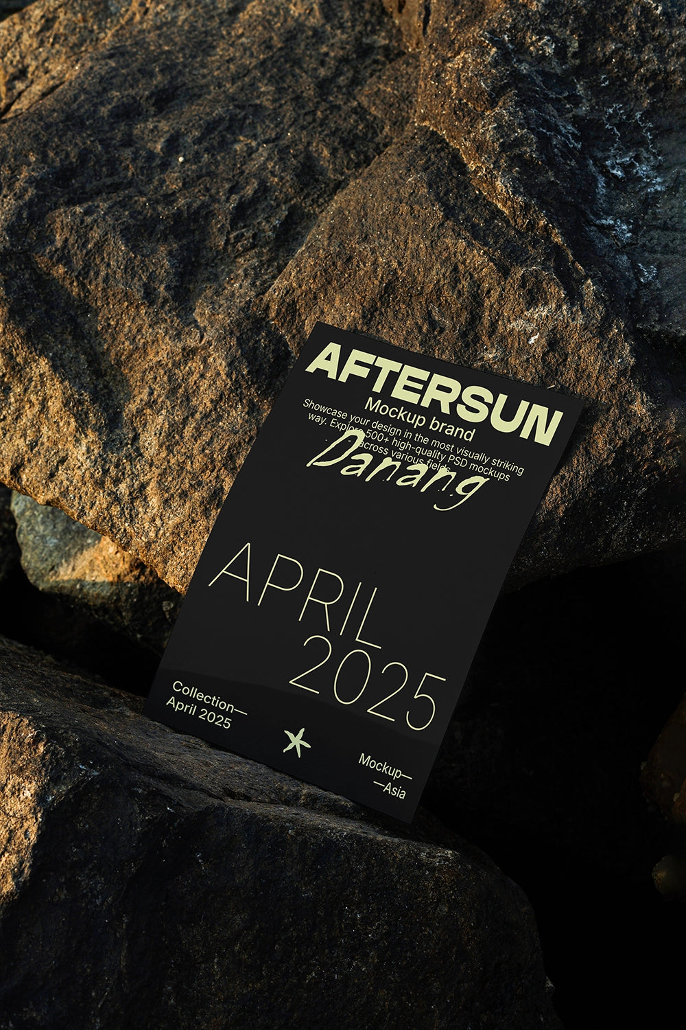 minimal poster mockup on textured rock with high contrast light and shadow