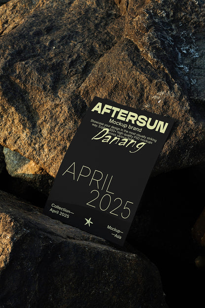 minimal poster mockup on textured rock with high contrast light and shadow