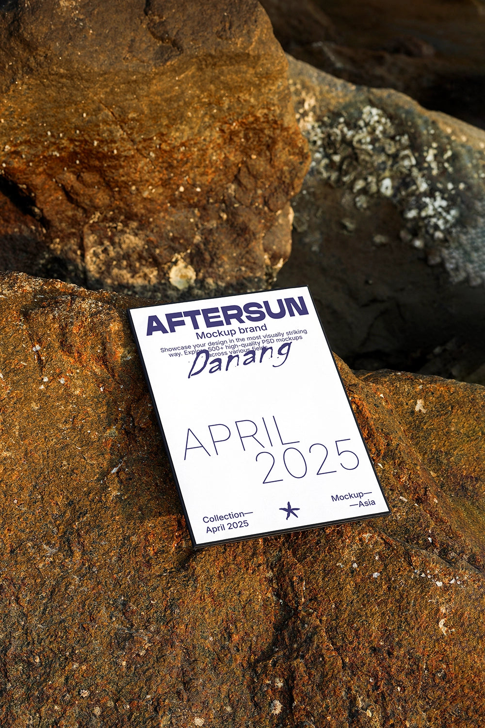 poster mockup on textured rock surface with warm sunlight and realistic shadow outdoor scene