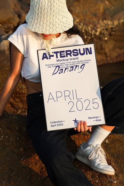 poster mockup held by model sitting on rocks with warm sunlight and natural shadow outdoor scene