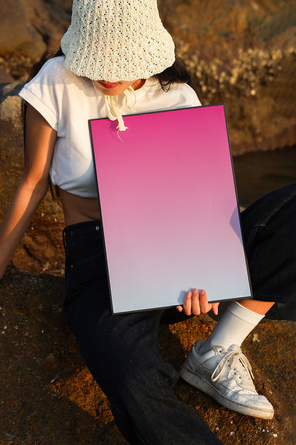realistic poster mockup with person holding print on rocky surface golden hour lighting
