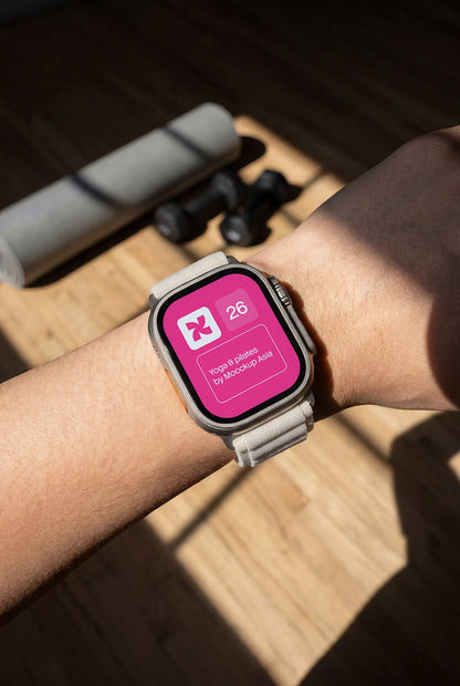 Realistic Apple Watch fitness mockup with active lifestyle and wellness branding scene