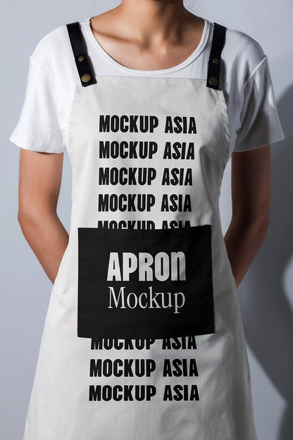 apron mockup worn by model with clean studio lighting realistic fabric texture branding presentation