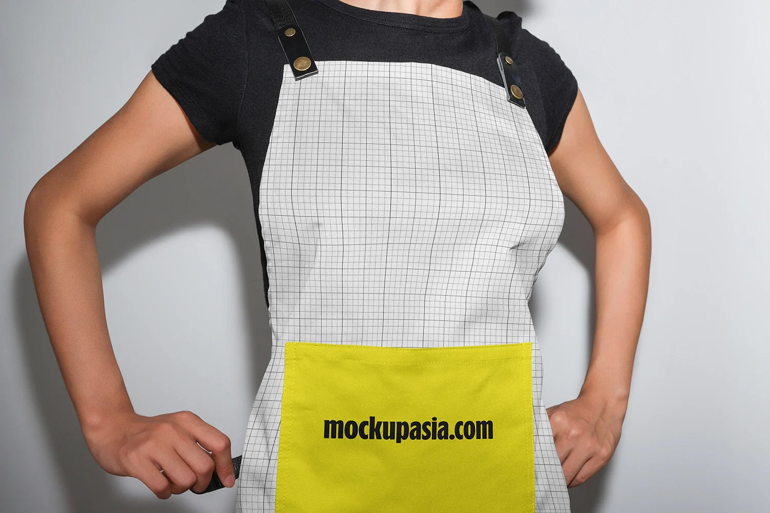 barista apron mockup on model, minimal background and professional look