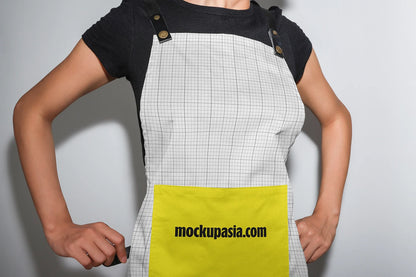 barista apron mockup on model, minimal background and professional look