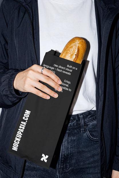 bread packaging mockup with paper bag and lifestyle hand holding under flash