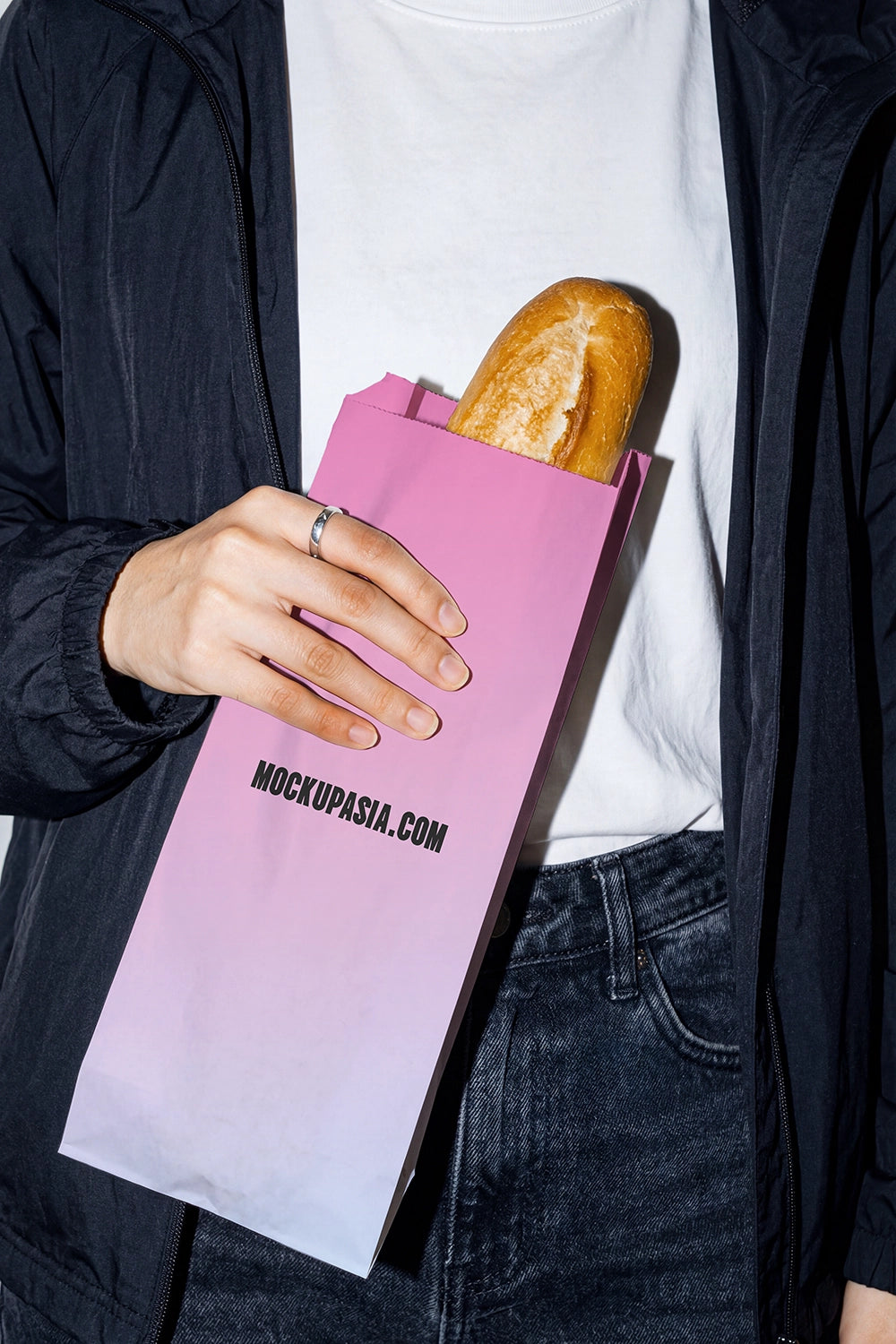 bakery branding mockup with baguette bag and bold shadows for modern packaging