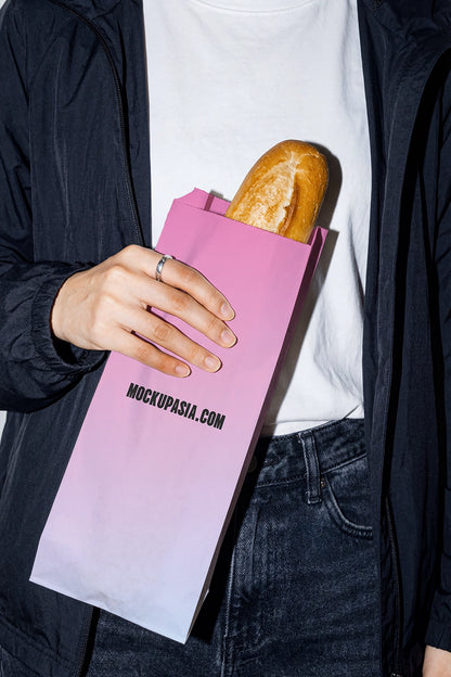 bakery branding mockup with baguette bag and bold shadows for modern packaging