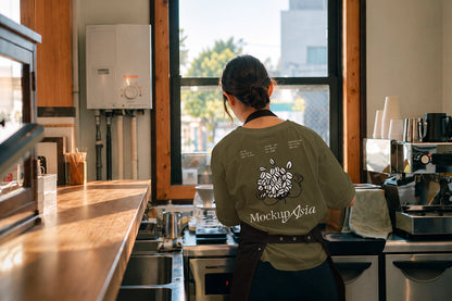 Olive green oversized t-shirt mockup with black apron barista