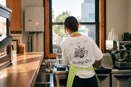 Barista uniform t-shirt mockup PSD back print in coffee shop