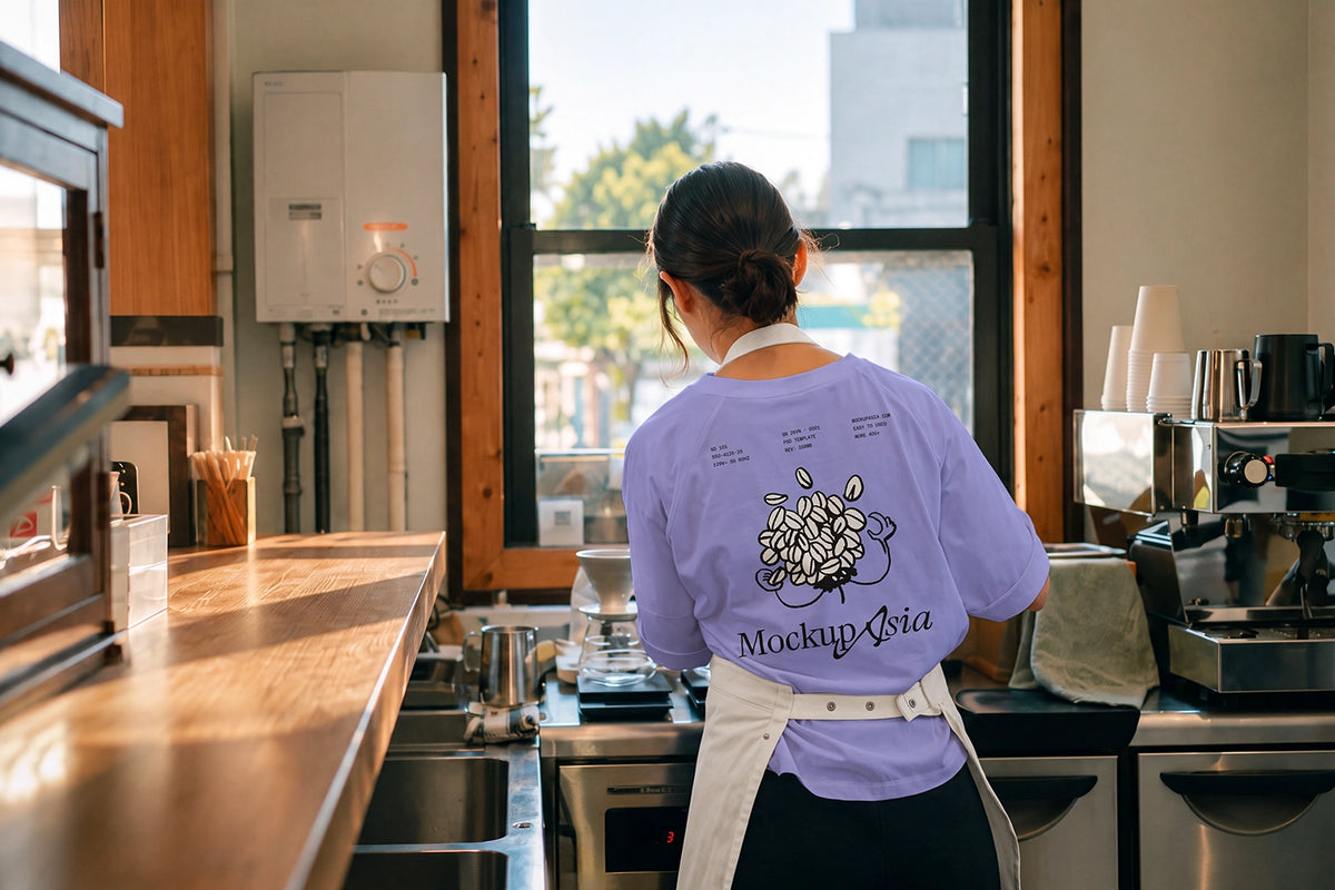 Coffee shop staff uniform mockup barista at espresso machine 