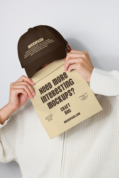 realistic cap mockup with front patch area and lifestyle presentation with human interaction