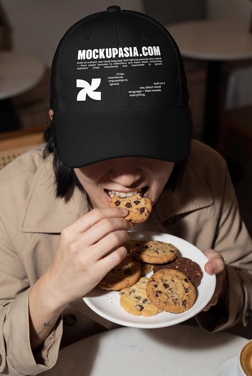 coffee brand hat mockup with lifestyle model and bold shadows