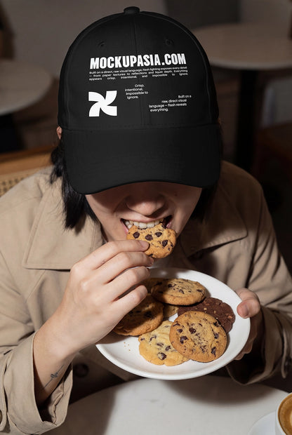 coffee brand hat mockup with lifestyle model and bold shadows