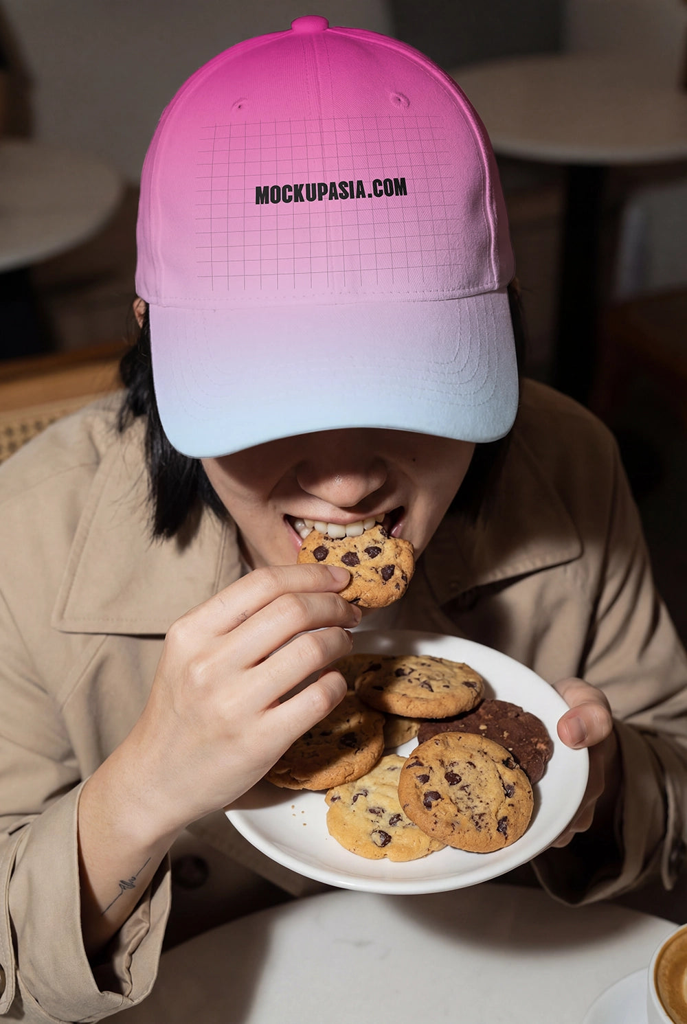baseball cap mockup with logo and lifestyle food scene for branding