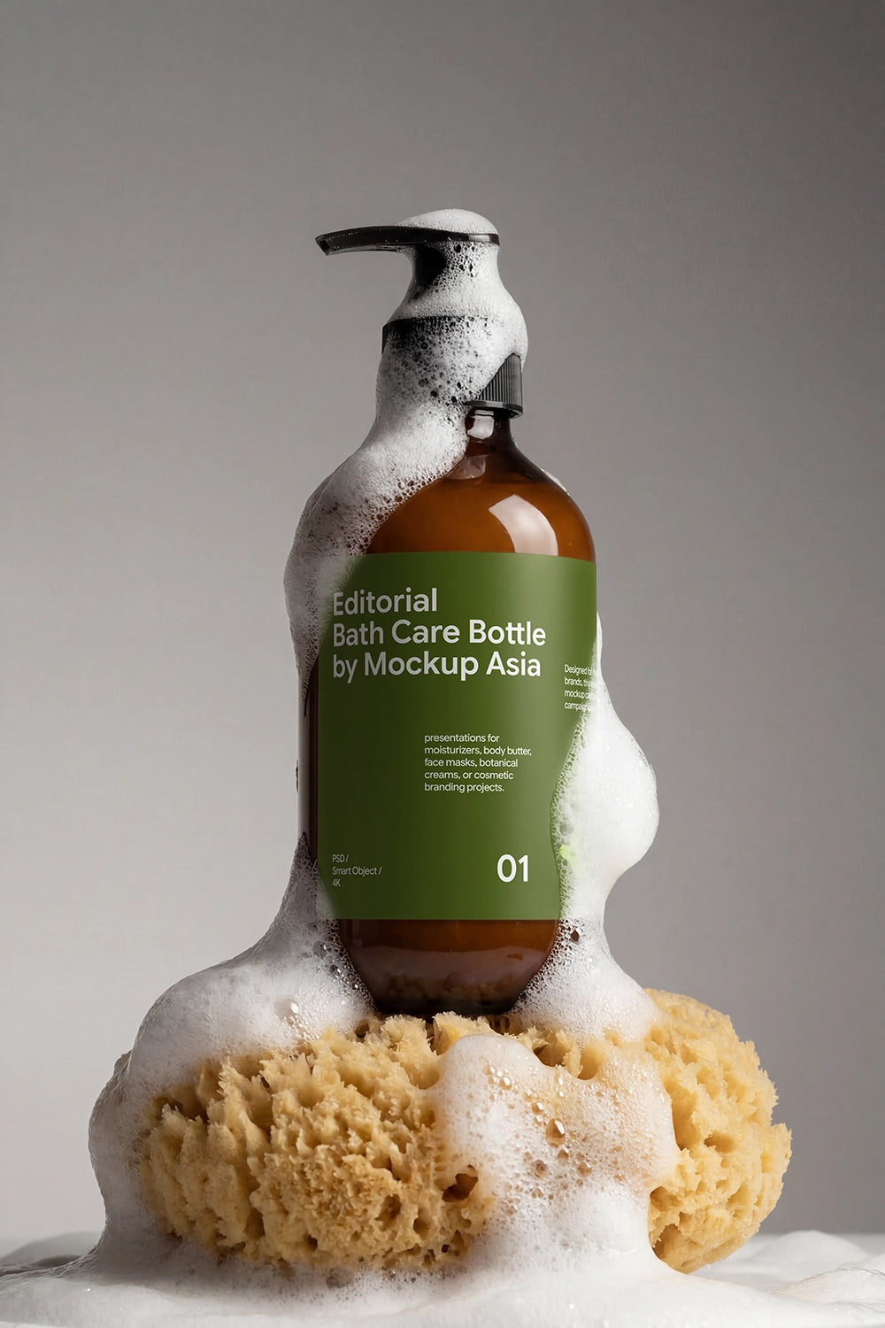 Body wash bottle mockup on natural sponge with clean editorial styling.