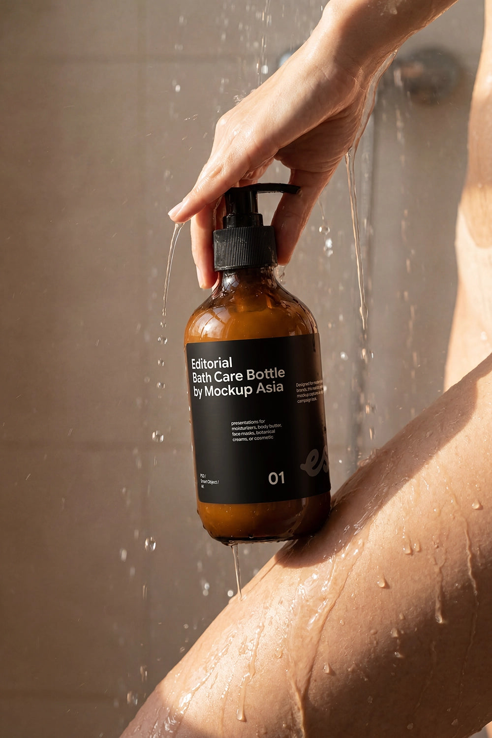 Shampoo bottle mockup featuring flowing water and premium editorial lighting.