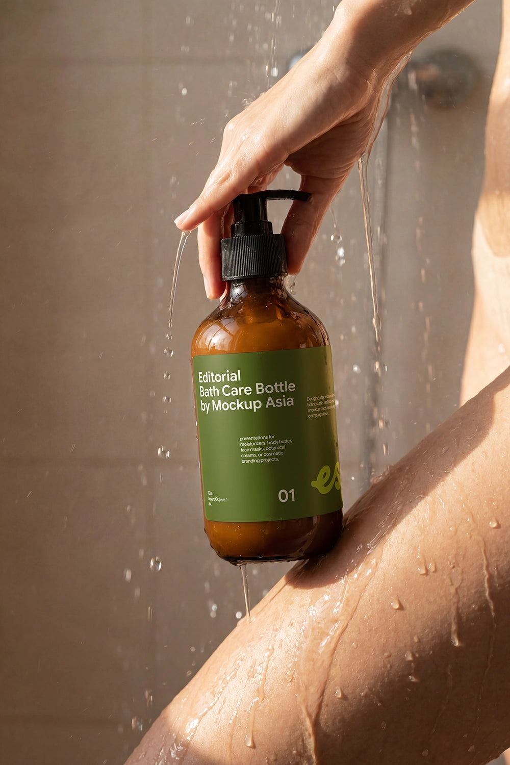 Body wash bottle mockup with realistic water droplets for packaging presentation.
