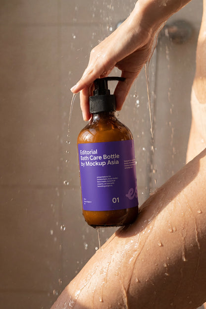 Editorial bath care bottle PSD mockup for shampoo and personal care branding.