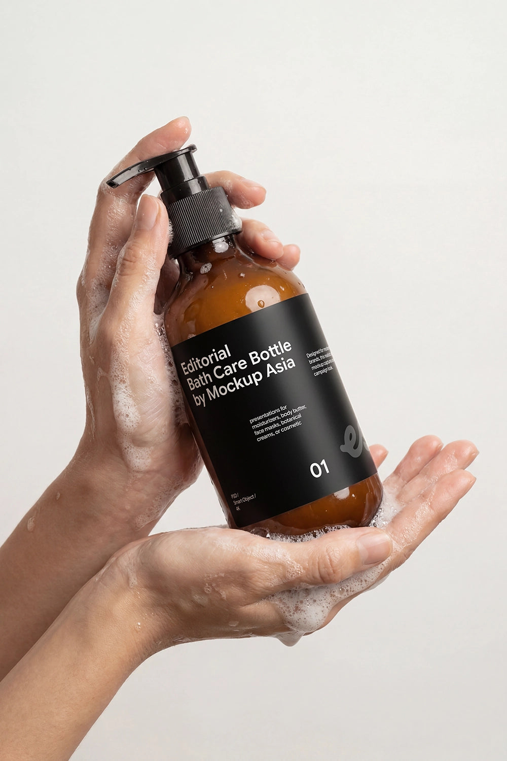Shampoo pump bottle mockup featuring realistic soap foam and soft lighting.