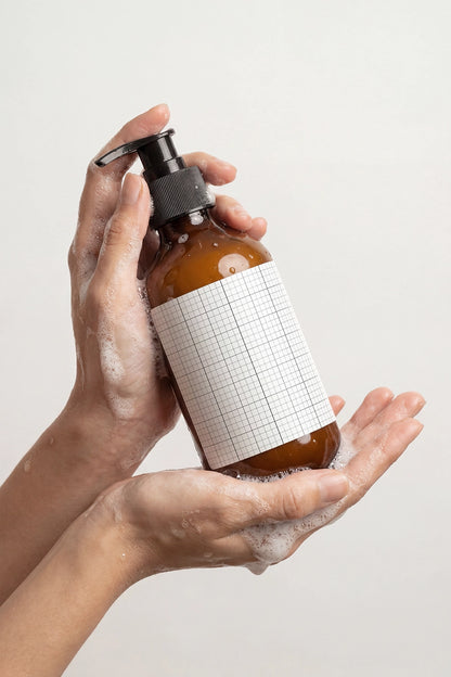 Personal care pump bottle PSD mockup with realistic foam and editable label.