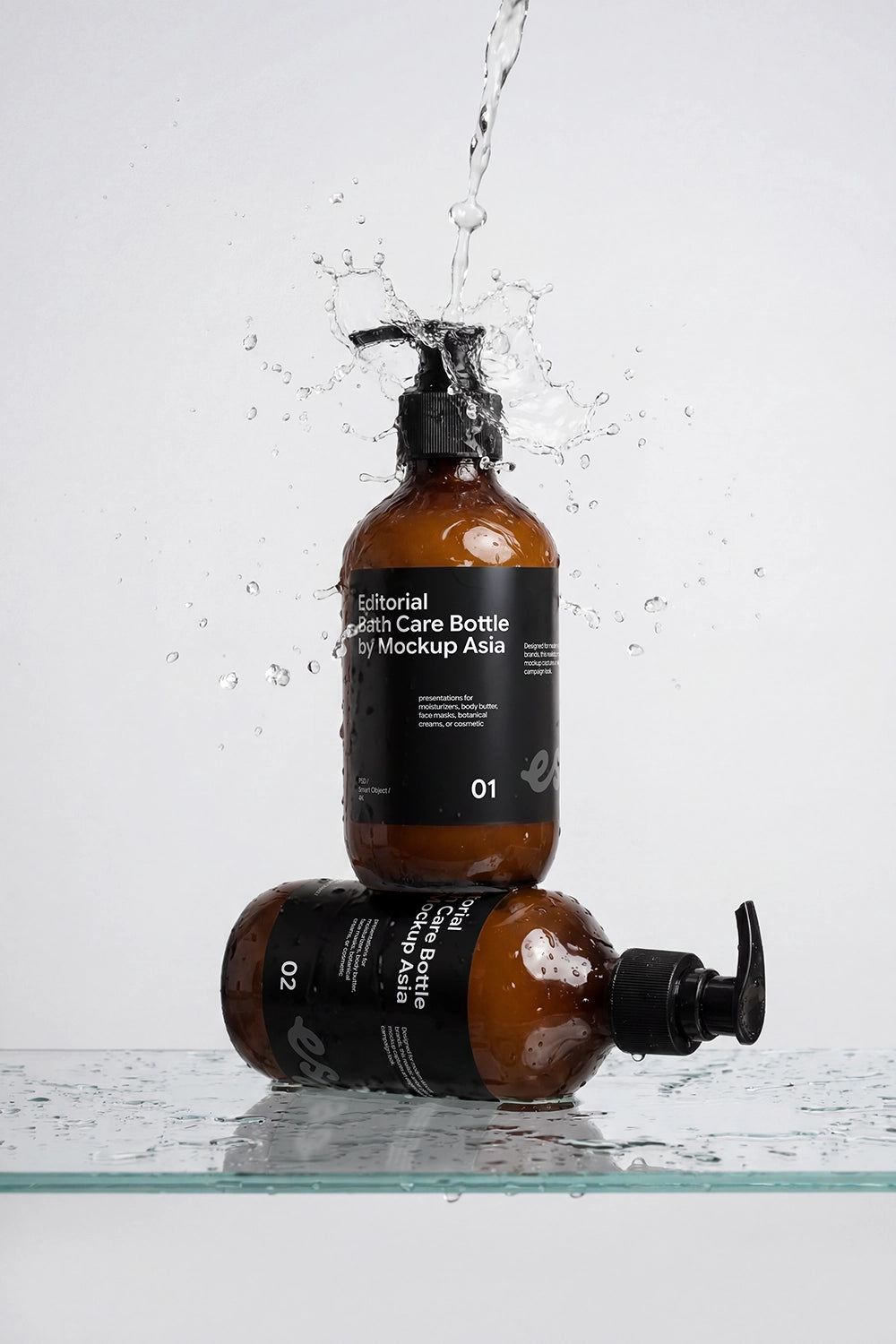 Amber shampoo bottle mockup featuring dynamic splash effects and premium lighting.