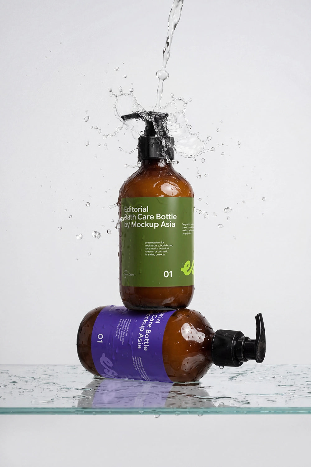 Body wash pump bottle mockup with water droplets for branding presentation.