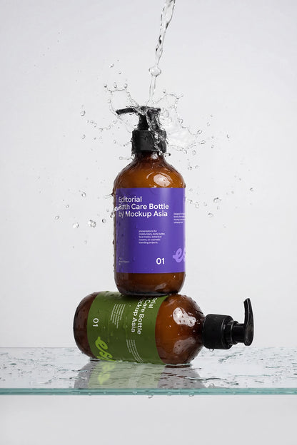 Liquid soap bottle mockup with realistic splash scene and editable label.
